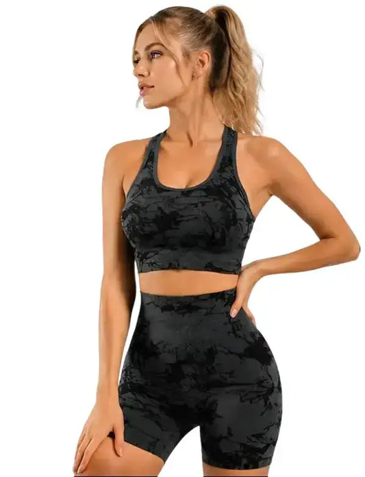 Women's Camouflage High-Waist Yoga Set - Seamless Knit Fitness Outfit with Tummy Control & Butt-Lifting Shorts - Breathable 2 Piece Workout Set with Built-in Bra Racerback Tank Top