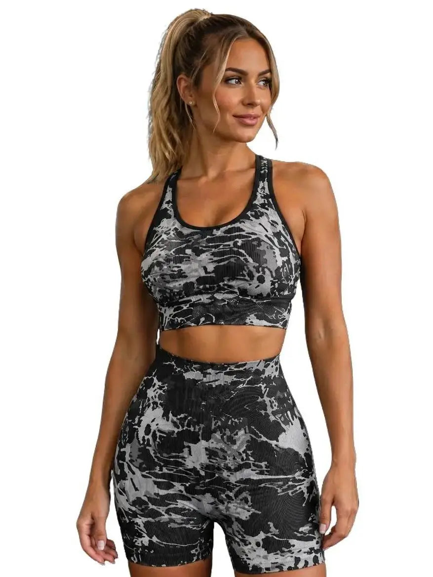 Women's Camouflage High-Waist Yoga Set - Seamless Knit Fitness Outfit with Tummy Control & Butt-Lifting Shorts - Breathable 2 Piece Workout Set with Built-in Bra Racerback Tank Top