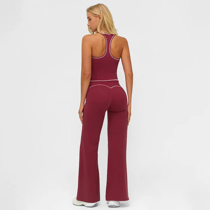 Elevate Your Workout: MFVIM Women's Sporty Tracksuit Set - Stylish Two-Piece Athletic Wear with H-Shaped Back Design & Flattering Bell-Bottom Pants
