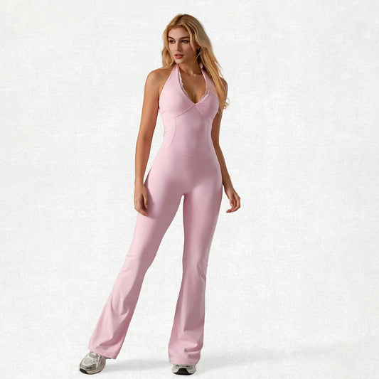 Elevate Your Workout: Timeoff Women's Backless Halter Neck Yoga Jumpsuit - Flattering High Waist, Lace Trim, Stretchy & Breathable, Perfect for Yoga, Pilates, and Everyday Style
