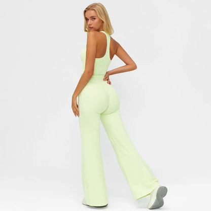 Elevate Your Workout: MFVIM Women's Sporty Tracksuit Set - Stylish Two-Piece Athletic Wear with H-Shaped Back Design & Flattering Bell-Bottom Pants